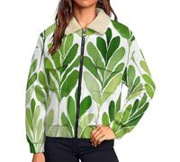 UOMSKTY Polaire Femme Chaude avec Zippée, Aquarelle Plantes Simple Feuilles Vestes de Randonnée Moelleux Confortable, Teddy Veste Vert Sherpa Manches Longues Manteau avec Poches, 3XL