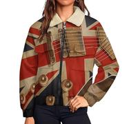UOMSKTY Polaire Femme Chaude avec Zippée, Drapeau Britannique Rétro Guitare Vestes de Randonnée Moelleux Confortable, Teddy Veste Kaki Sherpa Manches Longues Manteau avec Poches, M
