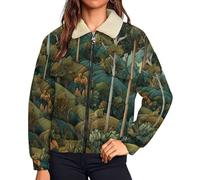 UOMSKTY Polaire Femme Chaude avec Zippée, Feuilles Montagnes Forêt Plantes Vestes de Randonnée Moelleux Confortable, Teddy Veste Jaune-Vert Sherpa Manches Longues Manteau avec Poches, 6XL