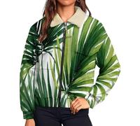 UOMSKTY Polaire Femme Chaude avec Zippée, Forêt Tropicale Feuilles De Palmier Plantes Vestes de Randonnée Moelleux Confortable, Teddy Veste Blanc Sherpa Manches Longues Manteau avec Poches, L