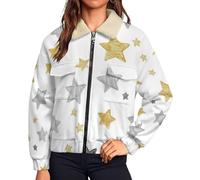 UOMSKTY Polaire Femme Chaude avec Zippée, Graffiti Géométrie Simple Étoiles Vestes de Randonnée Moelleux Confortable, Teddy Veste Blanc Sherpa Manches Longues Manteau avec Poches, S