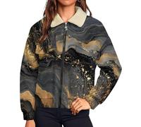 UOMSKTY Polaire Femme Chaude avec Zippée, Montagnes Dorées Marbre Vestes de Randonnée Moelleux Confortable, Teddy Veste Noir Sherpa Manches Longues Manteau avec Poches, XL