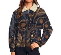 UOMSKTY Polaire Femme Chaude avec Zippée, Rétro Botanique Tourbillon Feuilles Vestes de Randonnée Moelleux Confortable, Teddy Veste Brun Sherpa Manches Longues Manteau avec Poches, 3XL