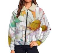 UOMSKTY Polaire Femme Chaude avec Zippée, Rétro Floral Pétales Blancs Marguerite Vestes de Randonnée Moelleux Confortable, Teddy Veste Multicolore Sherpa Manches Longues Manteau avec Poches, XL