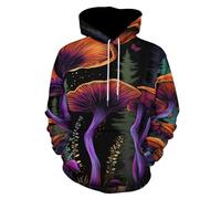 UOMSKTY Rêve Champignon Forêt Capuche Chemises, Pull Imprimé Fantaisie Plantes Manches Longues Sweatshirt avec Poches à Cordon, Noir Capuche pour Homme et Femme 3XL