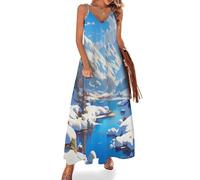 UOMSKTY Robe Longue Femme Paysage d'hiver Chic Maxi Dresss,sans Manches à Motifs Montagnes Abstraites Imprimés Décontracté Bretelles Robe Longue Fluide Femme pour Été Plage Vacances