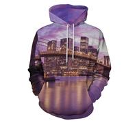UOMSKTY Sweats à Capuche 3D pour Hommes et Femmes, Manches Longues Motif Crépuscule Pont Brooklyn Sweat-Shirt à Capuche Décontracté, Manhattan Horizon Sweat avec Poches Automne Hiver2XL