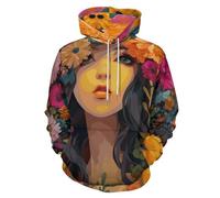 UOMSKTY Sweats à Capuche 3D pour Hommes et Femmes, Manches Longues Motif Portrait Abstrait d'une Femme Sweat-Shirt à Capuche Décontracté, Onirique Fleurs Sweat avec Poches Automne Hiver3XL