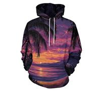 UOMSKTY Unisexe Sweats à Capuche Île Coucher De Soleil 3D, Créatif Résumé Feuilles De Palmier Hoodie, Homme Femme Automne Hiver Manches Longues Sport Pullover Sweat-Shirts avec Poches 5XL