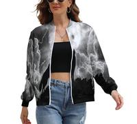 UOMSKTY Veste Femme Blouson Imprimé Loup Foudre Décontracté Chic Léger Automne Bomber Veste Outwear Manches Longues Zippé Jacket, Silhouettes D'Animaux Casual Sport Manteau M