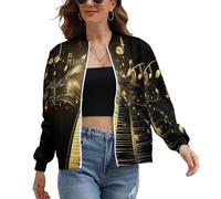 UOMSKTY Veste Femme Blouson Imprimé Notes D'Or Musique Décontracté Chic Léger Automne Bomber Veste Outwear Manches Longues Zippé Jacket, Rotation Des Touches Du Piano Casual Sport Manteau M