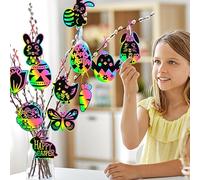 Uonguon Easter Scratch Paper - Scratch Off Cards Art Crafts, Rainbow Design with Wood Style and Satin Ribbon, Bunny Egg Ornament, Basket Stuffer, Spring Party Favor for DIY Holiday Fun