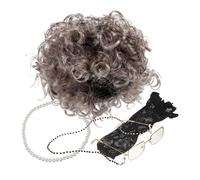 Uonlytech Set de Costume avec Perruque Courte Grise Bouclée Lunettes Dorées à Monture Carrée Chaîne et Collier Perles Déguisement Adulte pour Cosplay et Scène