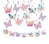 UOPJDD 12 Morceaux De Pendentif en Spirale Papillon Et 1 Morceau De Drapeau De Papillon, Décorations De Fête d'anniversaire, Arrangement De Scène De Fête.