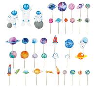UOPJDD 4 Ensembles D'Inserts De Cartes sur Le Thème De La Planète Et 3 Pièces Ornements D'Astronautes, Décorations De Gâteaux, Fournitures De Fête d'anniversaire sur Le Thème De l'espace.