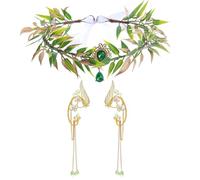UOSIA Oreilles De Fée Avec Couronne D'elfe Bois Tiara Bandeau De Tête Avec Or Oreille D'elfe Vert Cristal Couronne De Princesse Pour Halloween Cosplay Photoshoot Mariage