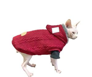 UOSIA Sphynx Chat Tricoté Veste À Capuche Épais Chaleur Polaire Chat Veste À Capuche Bouton Rouge Chats sans Cheveux Confortables Vêtements pour Devon, Cornouille, Petit Chaton