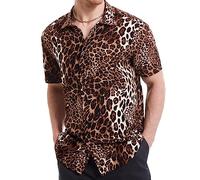 UPAAN Chemise disco à manches courtes boutonnées pour homme Imprimé léopard - Marron - Taille M