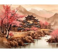 UPABLUNSO Peinture diamant paysage fleur de pêcher maison de style chinois pour adultes, kit de peinture diamant par numéro, décoration murale, décoration d'intérieur, 30,5 x 40,6 cm