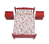 UPALDHOU 1/12 Ensemble de Meubles de Chambre à Coucher à l'échelle, Lit Miniature en Bois avec Litière Florale Armoire Fonctionnelle, Coiffeuse, 2 Tables de Nuit pour Collectionneurs et Décoration