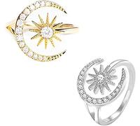 Updays Je vous protégerai toujours bague lune et étoile, bague lune étoile bague ouverte incrustée de zircone cubique, vous protégera toujours ma petite bague étoile pour fille (or+argent)