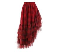 Upe en tulle femme High Elastic Waist Red Plaid Mesh Irregular Long Casual Half-body Skirt Women Tide Spring Autumn Jupe tulle longue(Red,S)