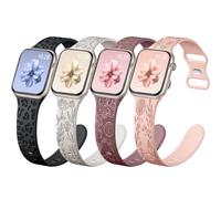 Upeak 4 Pack Bracelets Gravés Compatible avec Bracelet Apple Watch 40mm 41mm 38mm Femme, Silicone Fleurs Mignonnes Léopard, Band Sport pour Bracelet iWatch Ultra SE Series 9 8 7 6 5 4 3 2 1, Set D