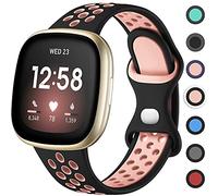 Upeak Bracelet Sport Compatible avec Bracelet Fitbit Versa 3/Bracelet Fitbit Sense, Sangle à Boucle Double Trou en Silicone Respirant pour Femme Homme, Grande, Noir/Rose