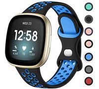 Upeak Bracelet Sport Compatible avec Bracelet Fitbit Versa 3/Bracelet Fitbit Sense, Sangle à Boucle Double Trou en Silicone Respirant pour Femme Homme, Grande, Noir/Bleu