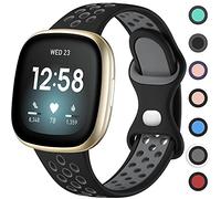 Upeak Bracelet Sport Compatible avec Bracelet Fitbit Versa 3/Bracelet Fitbit Sense, Sangle à Boucle Double Trou en Silicone Respirant pour Femme Homme, Grande, Noir/Gris