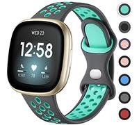 Upeak Bracelet Sport Compatible avec Bracelet Fitbit Versa 3/Bracelet Fitbit Sense, Sangle à Boucle Double Trou en Silicone Respirant pour Femme Homme, Petite, Gris/Bleu Vert