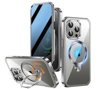 Upholyee Coque intégrale magnétique pour iPhone 15 Pro Max, avec support CD rotatif à 360° et protecteur d’écran anti-espion, compatible MagSafe, signal optimal, antichoc, qualité militaire, Gris