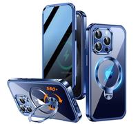 Upholyee Coque intégrale magnétique pour iPhone 15 Pro Max, avec support CD rotatif à 360° et protecteur d’écran anti-espion, compatible MagSafe, signal optimal, antichoc, qualité militaire, Bleu