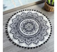 Uphome Petit Tapis Rond bohème Beige et Noir avec Pompons et Franges Mandala Rond, Lavable, Doux, antidérapant, pour évier, Chambre d'enfant, Chambre d'enfant