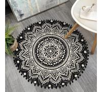 Uphome Tapis rond bohème pour chambre à coucher - Tapis de salle de bain rond à motif mandala noir avec pompons - tapis de sol lavable antidérapant et doux pour entrée, salon, canapé, chambre d'enfant