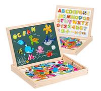 Uping Puzzle Magnétique 130 Pièces Tableau Magnétique Enfant 3 4 5 Ans | Boîte bois portable, tableau aimanté 2 faces, craies/feutre inclus. Puzzle d'animaux marins, alphabet, chiffres. Idée cadeau