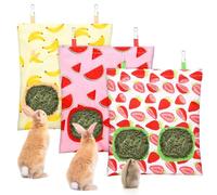 UPINS Lot de 3 sacs à foin pour lapins, mangeoires à foin à 2 trous à suspendre, sacs à foin pour lapins, chinchillas, hamsters, petits animaux de compagnie et animaux (motif fruits)