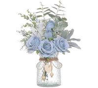 Upiulote Fleurs artificielles en Vase, 14, 5x11 Pouces Roses réalistes Fausses Fleurs en Vase, Soie avec Feuilles Vertes, Fausse pièce maîtresse de Table de Bureau Cuisine à la Maison, Faux Bleu