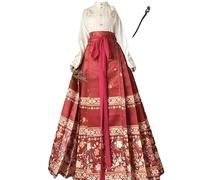 Uplateng Hanfu Cheval Visage Jupe Femmes Chinois Traditionnel Vintage Plis Rouge Bleu Noir Beige Chemise + Jupe Ensembles Grande Taille XL (White with Red,S)