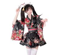 Uplateng Robe Kimono modifiée Japonaise pour Femmes, Peignoir d'été, Costume de Cosplay Anime Halloween, Sexy, Douce Geisha Kawaii pour Fille (Black,L)