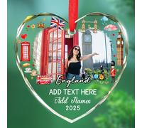 Upload Photo Décoration de Noël en verre Cadeau pour souvenirs de voyage, texte personnalisé et noms Big Ben Londres, monuments de l'Angleterre souvenir 2025, décoration de Noël personnalisée en verre