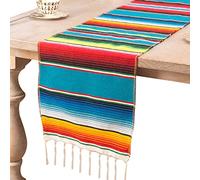 Uposao Chemin De Table 35×275cm Couverture Mexicaine Brillant Arc-en-Ciel Rayures Tissé Chemin De Table Frange Nappe en Coton pour Mariage, Festival, Fête, Décoration De Table
