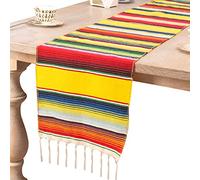 Uposao Chemin De Table 35×275cm Couverture Mexicaine Brillant Arc-en-Ciel Rayures Tissé Chemin De Table Frange Nappe en Coton pour Mariage, Festival, Fête, Décoration De Table