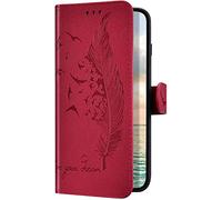 Uposao Compatible avec Galaxy A20e Coque de Protection Etui en Cuir PU Leather,Vintage Oiseau Plume Motif Housse à Rabat Magnétique Portefeuille Pochette Clapet Stand Flip Wallet,Rouge
