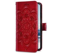 Uposao Compatible avec Galaxy A6 2018 Coque Pochette Portefeuille Housse en Cuir,Luxe 3D Motif Mandala Fleur Étui à Rabat Magnétique Premium Coque Stand Folio Flip Case Cover Wallet,Rouge