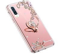 Uposao Compatible avec Galaxy A70 Coque,Miroir Coque en Silicone TPU + 360 Support Bague,Luxe Bling Briller Glitter Paillette Strass Clear View Ultra Mince Flex Soft Skin Case,Rose Gold