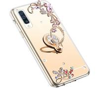 Uposao Compatible avec Galaxy A70 Coque,Miroir Coque en Silicone TPU + 360 Support Téléphone,Luxe Bling Briller Glitter Paillette Strass Clear View Ultra Mince Flex Soft Skin Case,Or