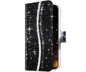 Uposao Coque Huawei P Smart Z Pochette Portefeuille en Cuir,Glitter Bling Paillette Brillante Diamant Housse Étui à Rabat Folio Flip Case Cover Wallet Coque de Protection Huawei P Smart Z,Noir