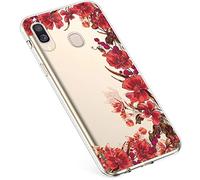 Uposao Coque pour Galaxy A40 Silicone Etui, Galaxy A40 Coque Transparent avec Motif Fleur Crystal Clear Case Premium Semi Hybrid Ultra Mince Slim Soft TPU Antichoc Bumper,Fleur Rouge