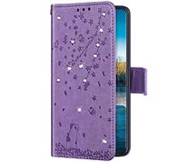 Uposao Cuir Coque pour Galaxy S7 Edge Glitter Diamant Coque,Emboss Motif Fleur de Cerisier Sakura Relief Coque Portefeuille en Cuir Étuis à Rabat Folio Flip Stand,Carte Slot,Magnétique,Violet